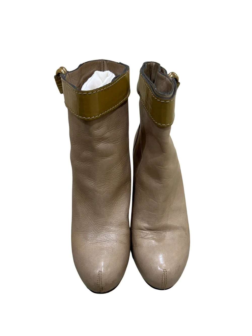 Chloe Beige Leather Ankle Boots with Olive Strap & Gold Buckle Italy size EU 39